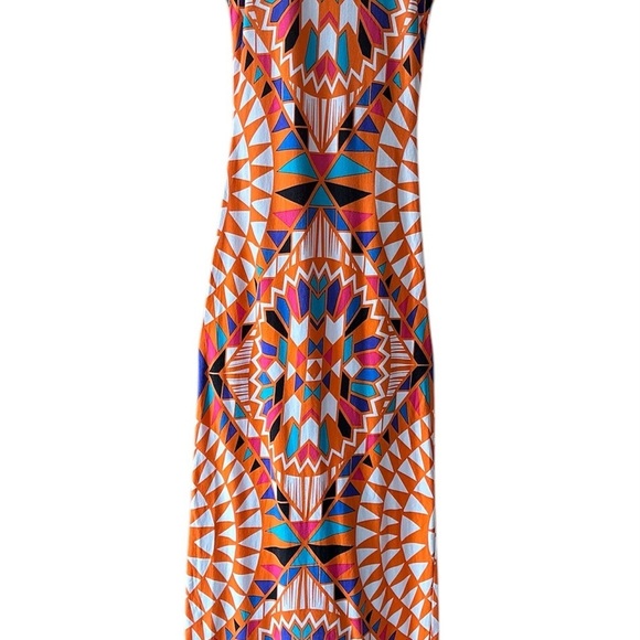 Geometric Aztec Southwestern Long Tank Maxi Dress Orange Blue Turquoise - XS - Picture 10 of 15